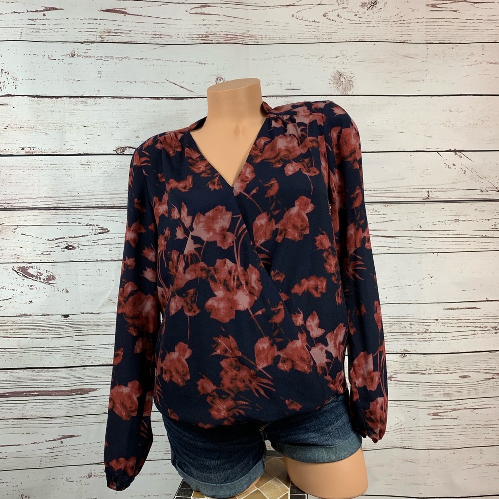 Vince Camuto Navy And Red Floral Wrap Blouse